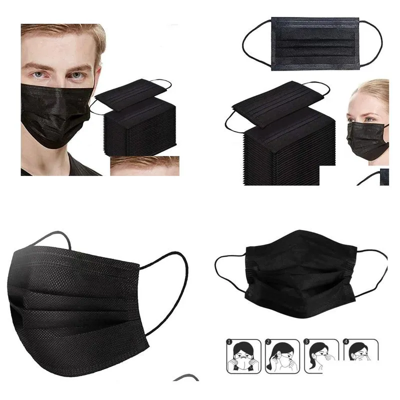 50pc black face mouth protective mask disposable filter earloop non woven mouth masks in stock