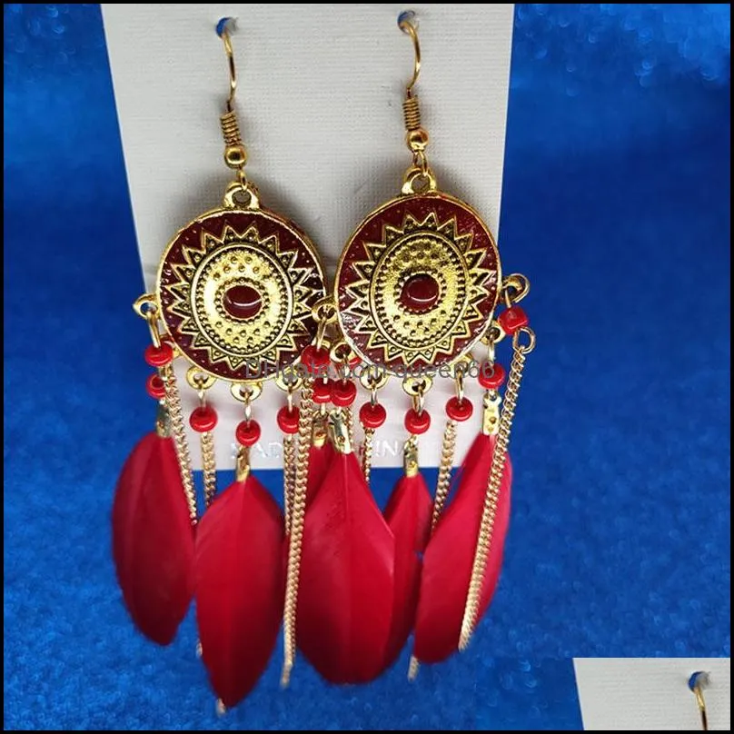 long gold chain feather tassel earrings dangle chandelier fashion jewelry women earrings fashion jewelry gift