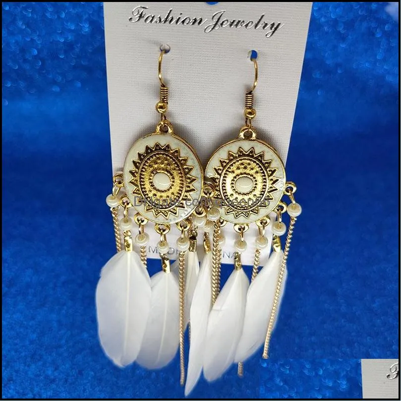 long gold chain feather tassel earrings dangle chandelier fashion jewelry women earrings fashion jewelry gift