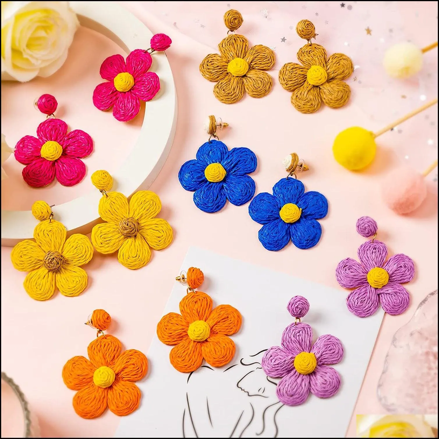 handmade rattan flower earring stud for women girls straw raffia drop geometric dangle summer beach ear jewelry