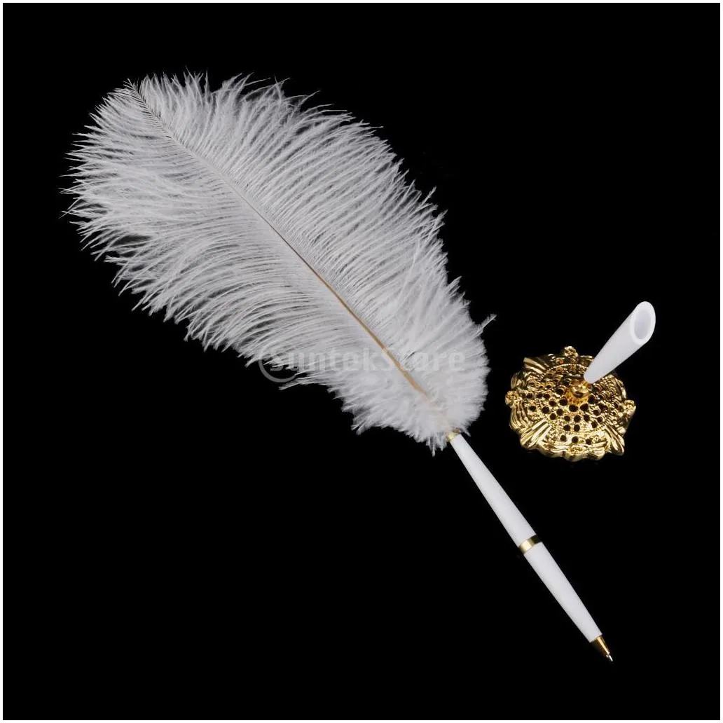 party favor ostrich feather quill signing pen with metal holder wedding pen set white