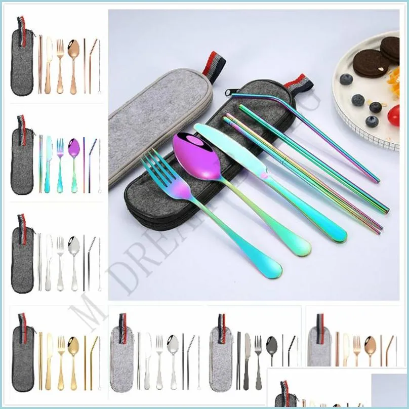 portable 8pcs/lot flatware set 5 colors tableware outing dinnerware ecofriednly stainless steel straw brush spoon fork chopsticks