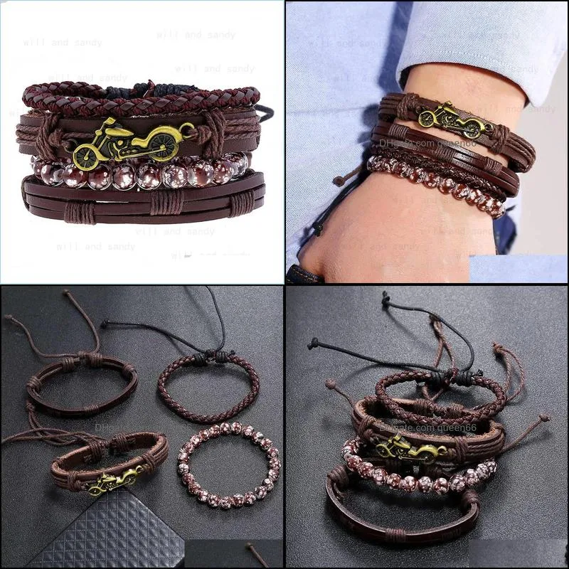 4pcs/set braided leather bracelet adjustabel beaded retro mens motorcycle bracelets bangle cuff wristhband hip hop jewelry gift