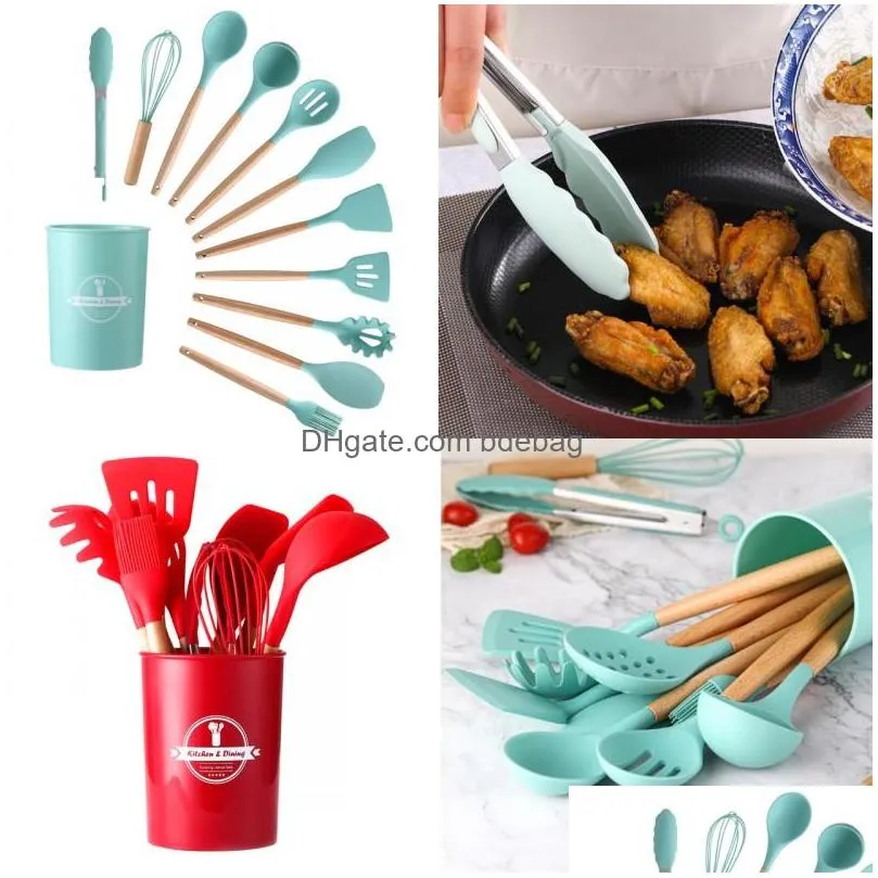 12pcs cooking utensils set kitchen tools wooden handle silicone spoon shovel storage bucket kitchenware suit multi color function 45 5bs