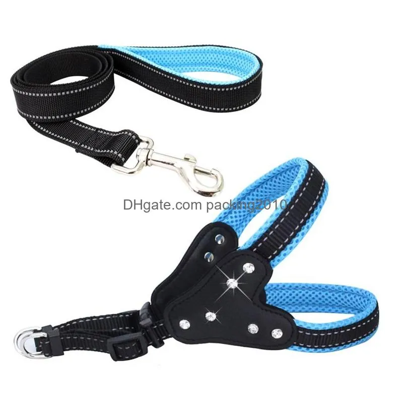 reflective nylon rhinestone dog harnesses step in soft mesh padded small dog puppy harness leash set safety for walking s m l 28 s2