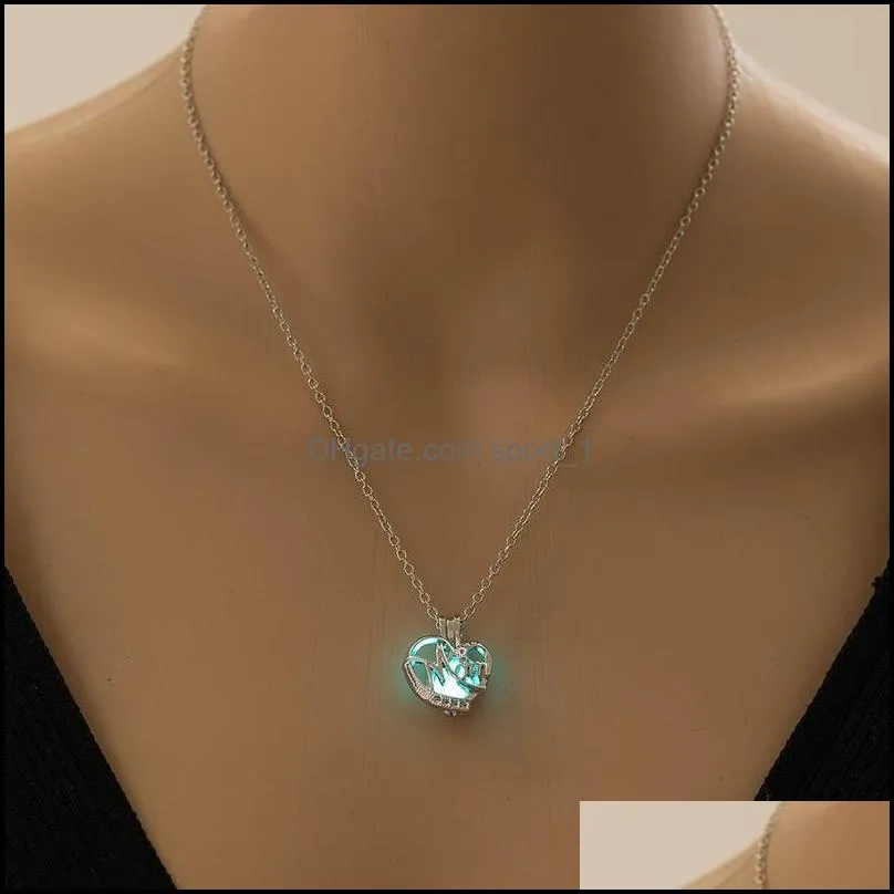 luminous glow in the dark heart mom necklace blue green fluorescence locket necklaces cage pendant for women girls fashion jewelry