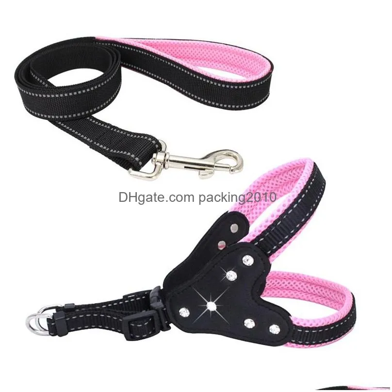 reflective nylon rhinestone dog harnesses step in soft mesh padded small dog puppy harness leash set safety for walking s m l 28 s2