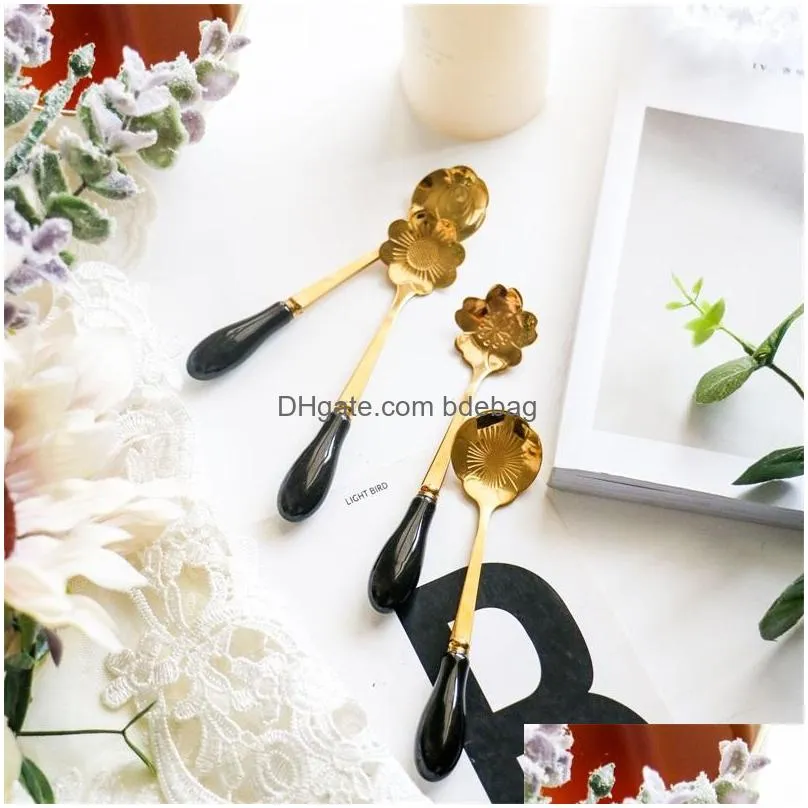 creative flower spoons white ceramics handle scoop dessert spoon gold plated coffee stir 2 7qd uu