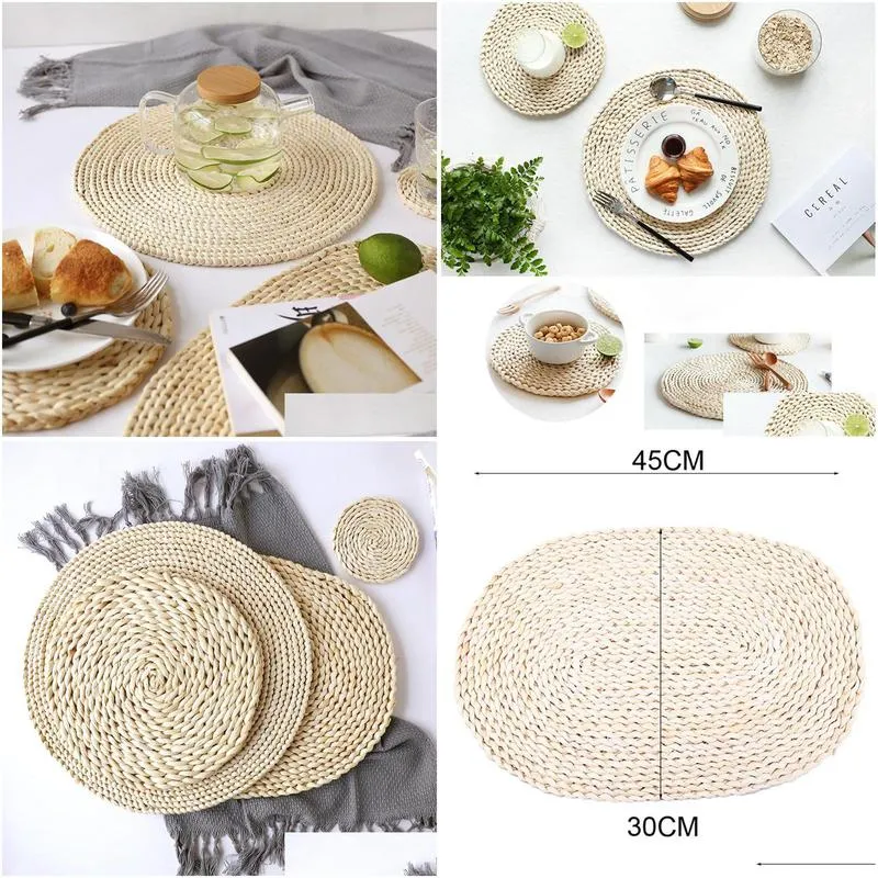 corn fur woven dining table mat heat insulation pot holder round coasters coffee drink cup table placemats mug