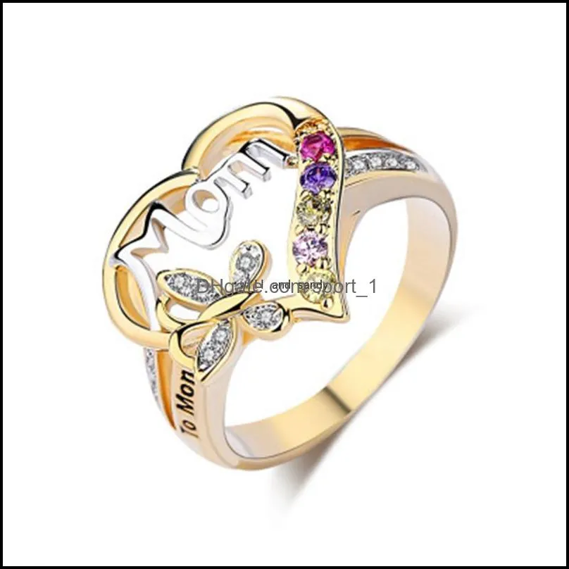 fashion crystal mom letter ring butterfly heart ring finger for mother days gift gold plated diamond band women jewelry
