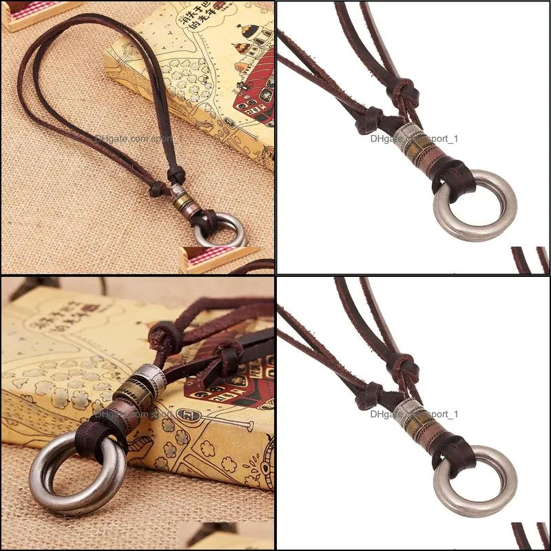 metal double ring pendant necklace retro adjustable chain leather necklaces for women men hiphop fashion jewelry