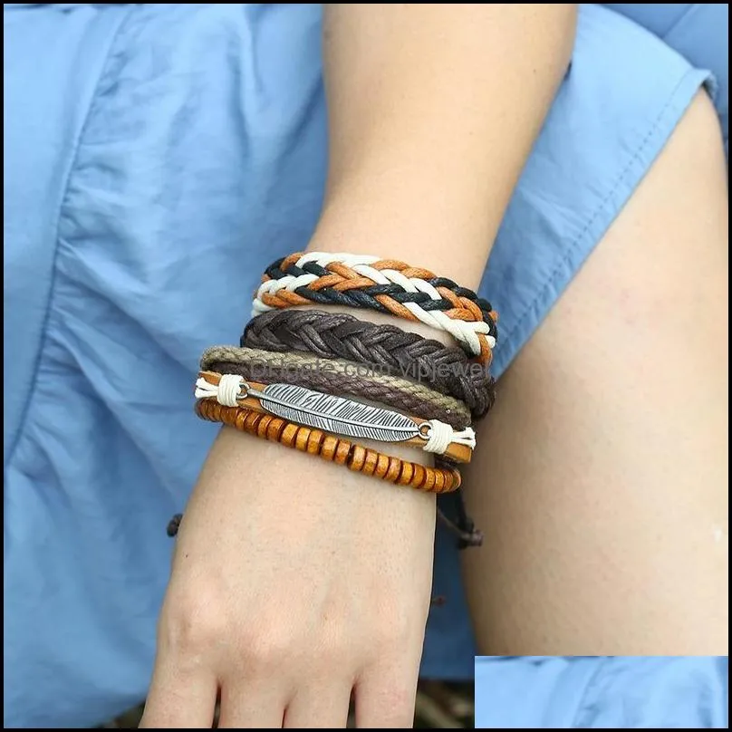 vintage braided leather bracelet multi layer wood beads charm bracelets wristband bangle cuff set women men fashion jewlery