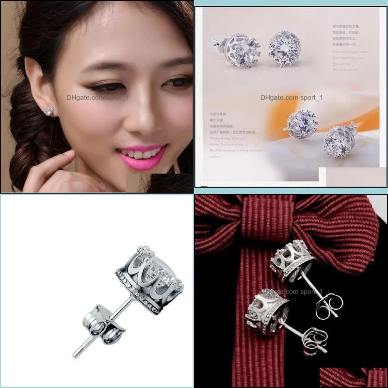 cubic zirconia crown stud earrings fashion women silver diamond earrings wedding ear ring fashion jewelry 