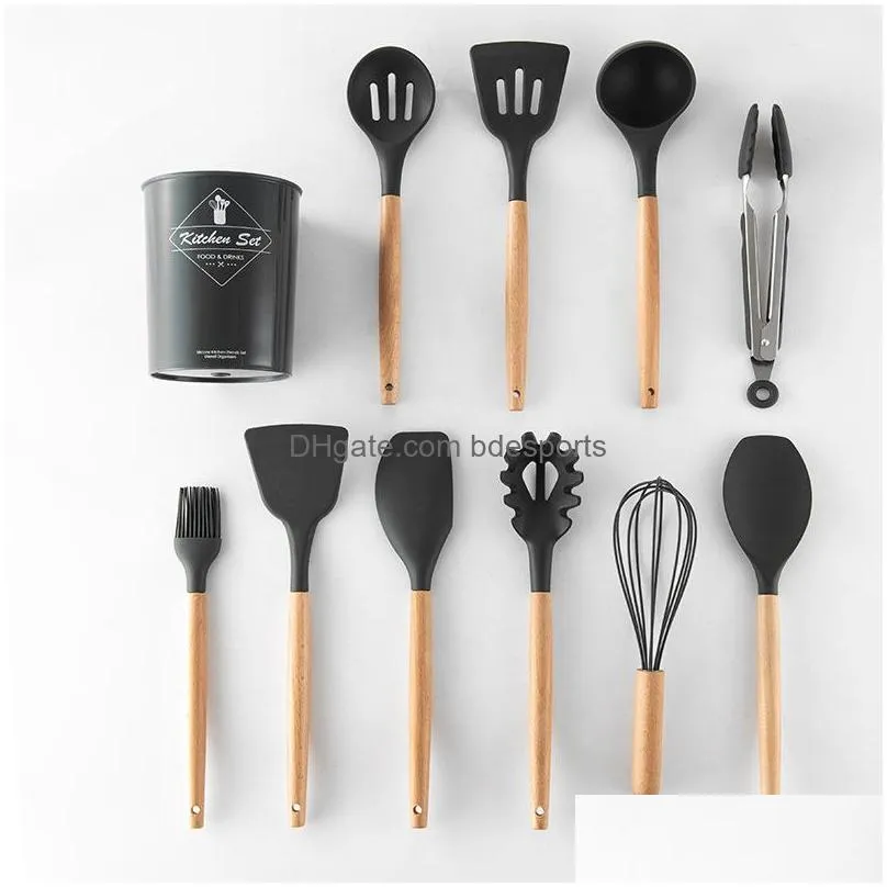 9/11/12pcs silicone cooking utensils set nonstick spatula shovel wooden handle cooking tools set with storage box kitchen tools 407