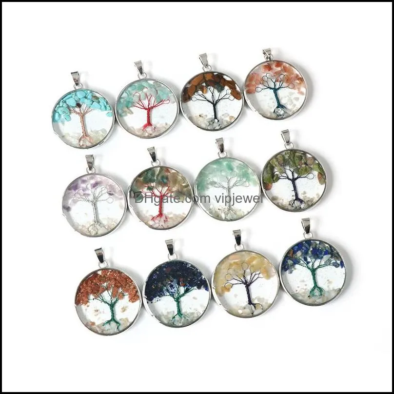 natural stone tree of life necklace pendant crystal tiger eye round glass terrarium necklaces for women children fashion jewelry