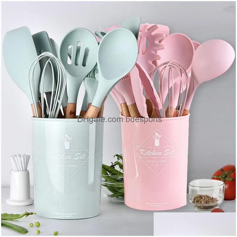 9/11/12pcs silicone cooking utensils set nonstick spatula shovel wooden handle cooking tools set with storage box kitchen tools 407