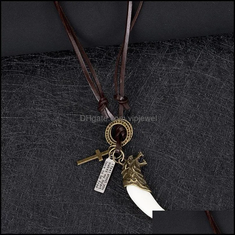 wolf animal tooth necklace retro letter id cross charm adjustable leather chain necklaces for women men fashion jewelry