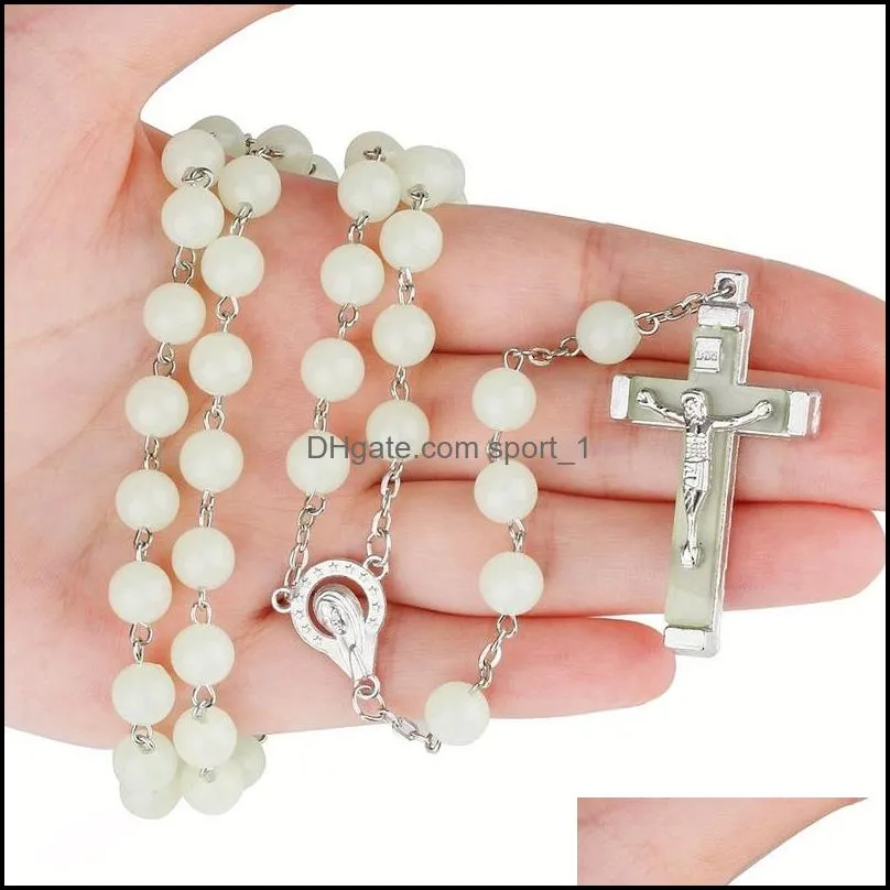 glow in the dark jesus crucifix cross pendant necklace night light fluorescence christ prayer beads necklaces for women girls fashion jewelry