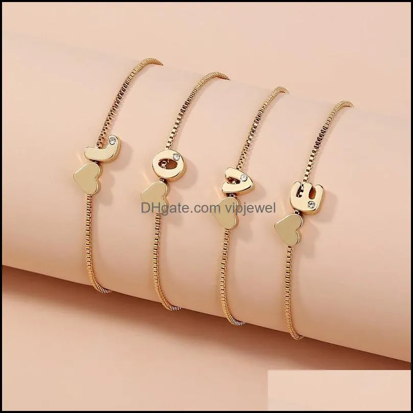 heart english initial charm bracelets crystal letter alphabet gold chains pull adjustable bracelet bangle wristband women fashion