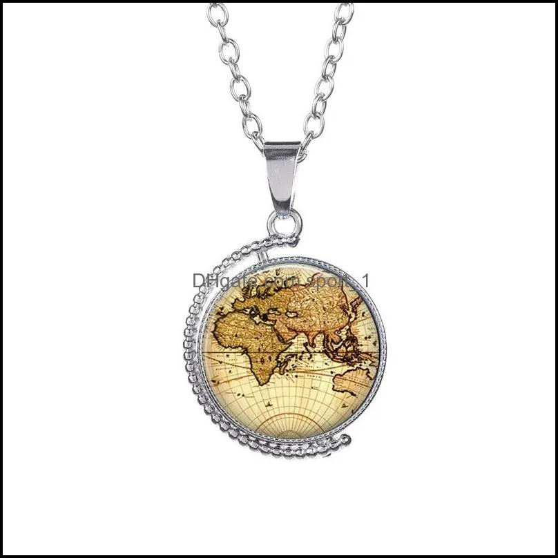 retro world map time gem pendant necklace double sided glass cabochon rotating sweater chain fashion jewelry for men women kid gift