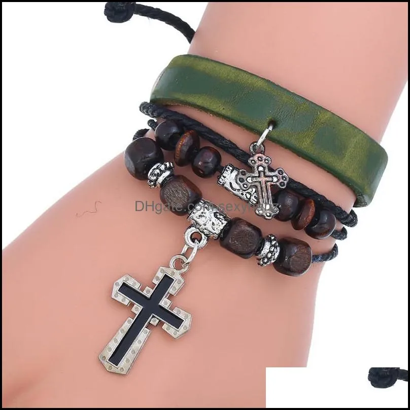 jesus cross charm bracelet wood beads string adjustable multilayer wrap leather bracelets bangle cuff for women men fashion jewelry
