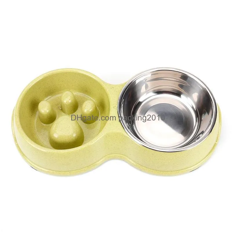 portable dog bowl stainless steel cat food basin non slip anti choking pot double bowls pet utensils dog paw print 9lc k1