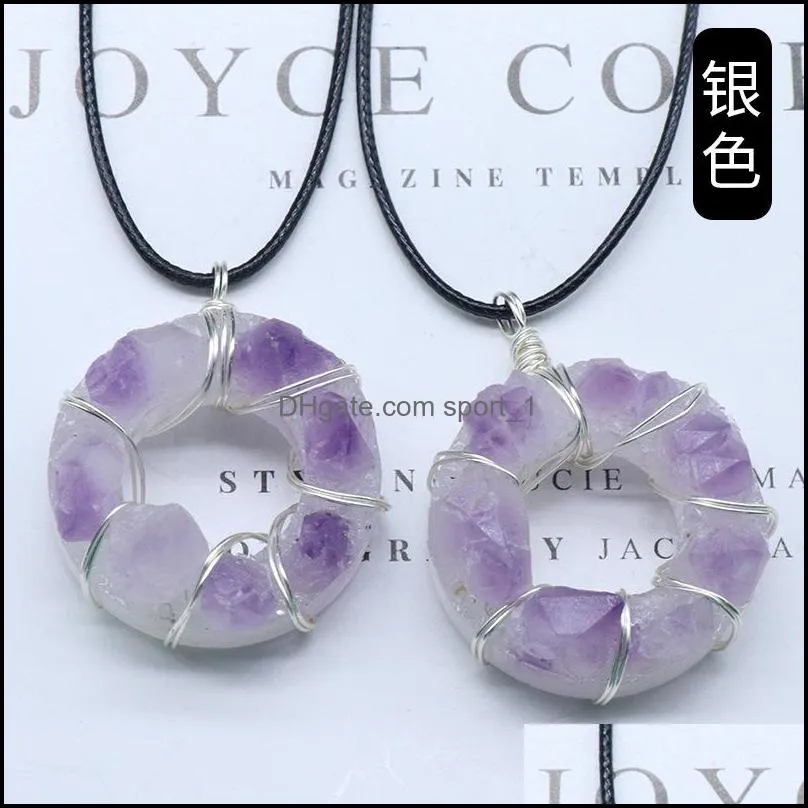 wire wrapped natural stone amethyst pendant necklace 35mm donut pendant irregular healing crystal collar necklaces for women fashion jewelry