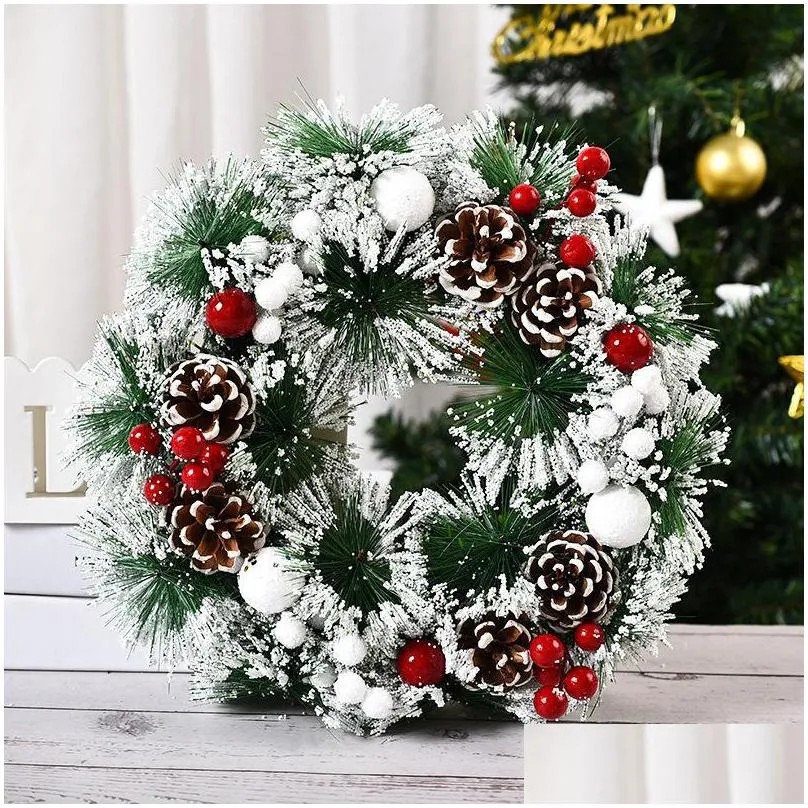 christmas decorations 2022 wreath for home decor imitation snow leaf flower pine nuts 12.5 inch xms wreaths outdoor ornaments