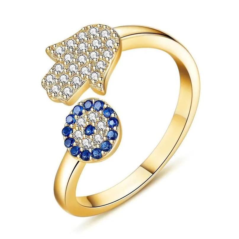 evil eye ring 14k gold plated zircon blue gemstone ringds for women adjustable fashion jewelry gift