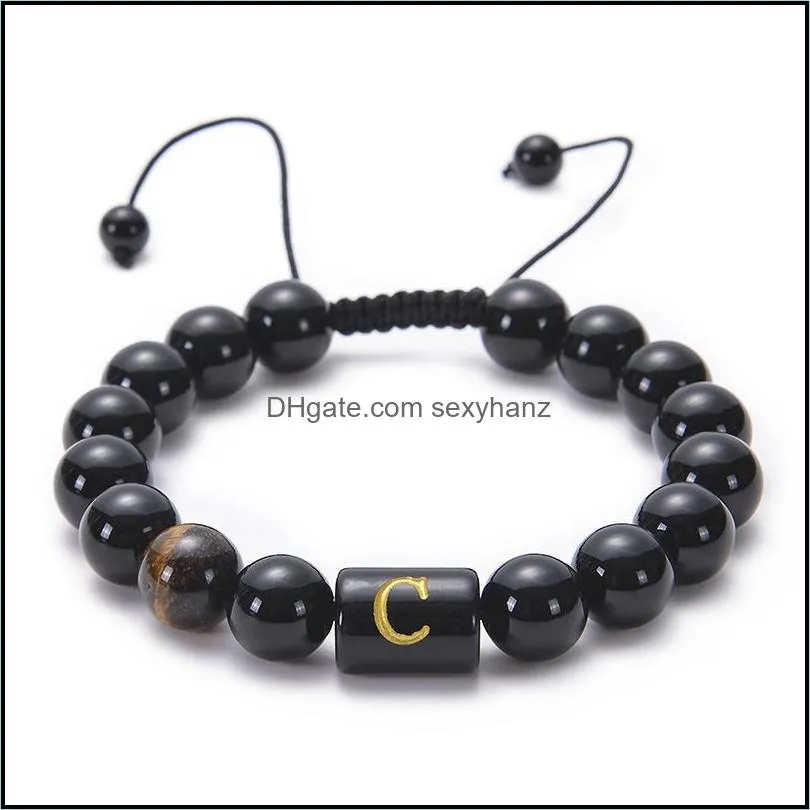 az english letter 10mm natural stone tiger eye black agate bead bracelet initial woven adjustable bead bracelets bangle cuff women men fashion