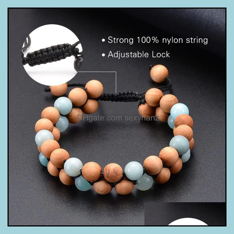 vintage amazonite wooden beads double row bracelet stone braided adjustable bracelets bangle cuff women men fashion jewelry