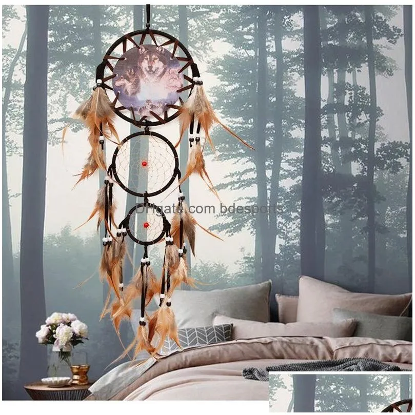 home decor indian wolf dream catcher with brown feathers dreamcatcher bead beautiful home hanging decoration fashion handmade ornament gift 20220906