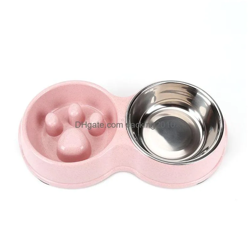 portable dog bowl stainless steel cat food basin non slip anti choking pot double bowls pet utensils dog paw print 9lc k1