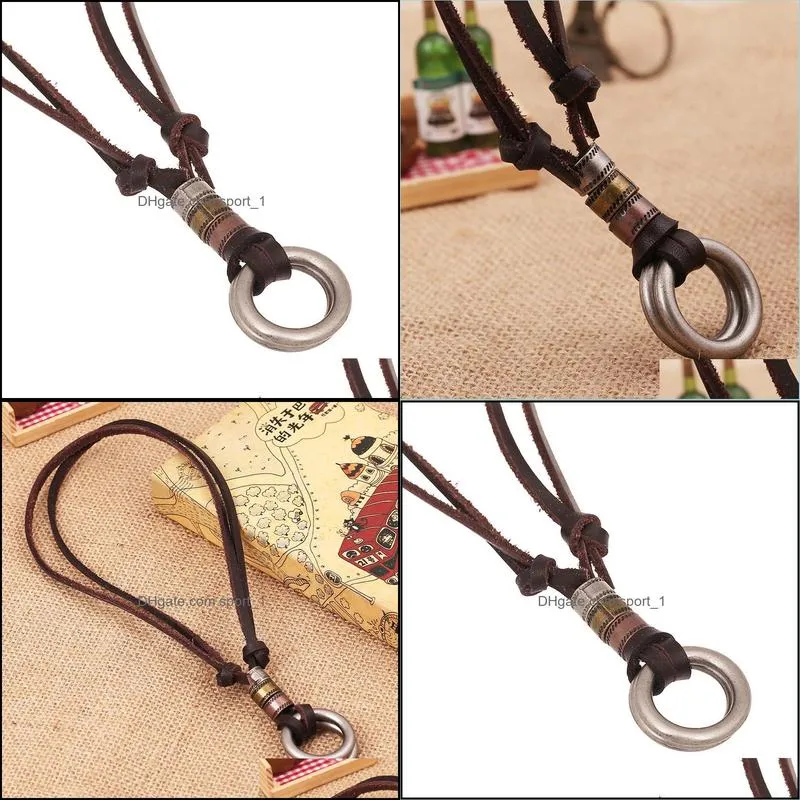 metal double ring pendant necklace retro adjustable chain leather necklaces for women men hiphop fashion jewelry