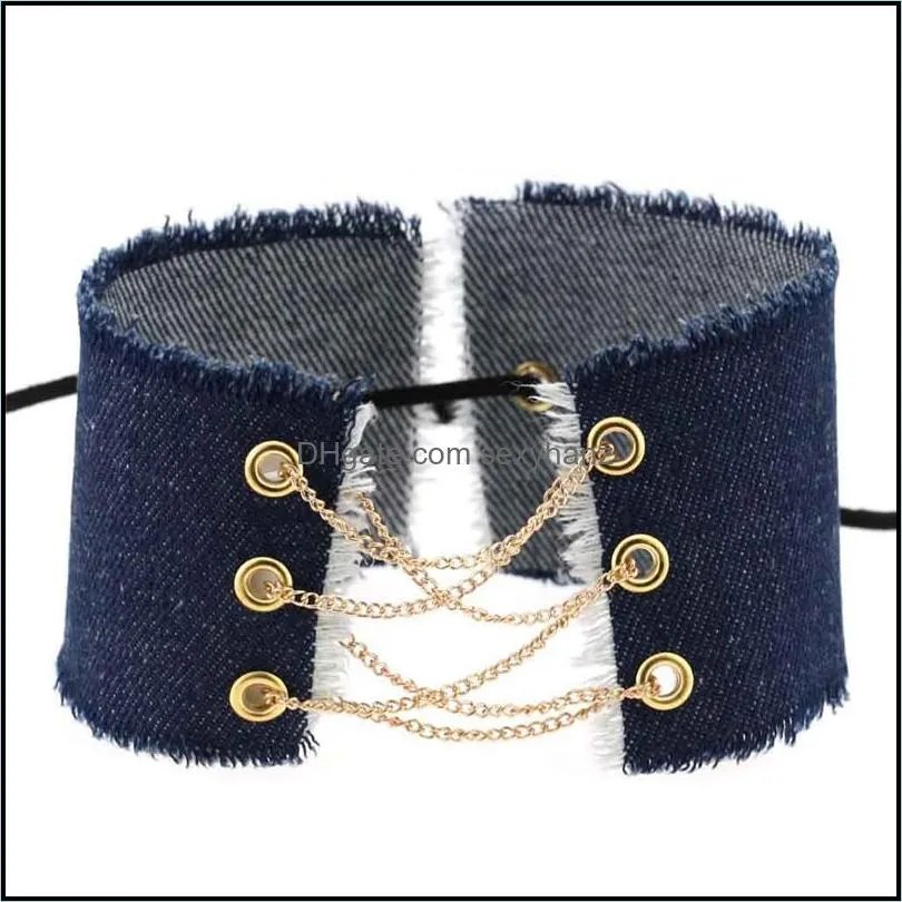 blue jeans denim chokers necklace collar multilyaer chains lace adjustable necklaces for women grils party nightclub fashion jewelry