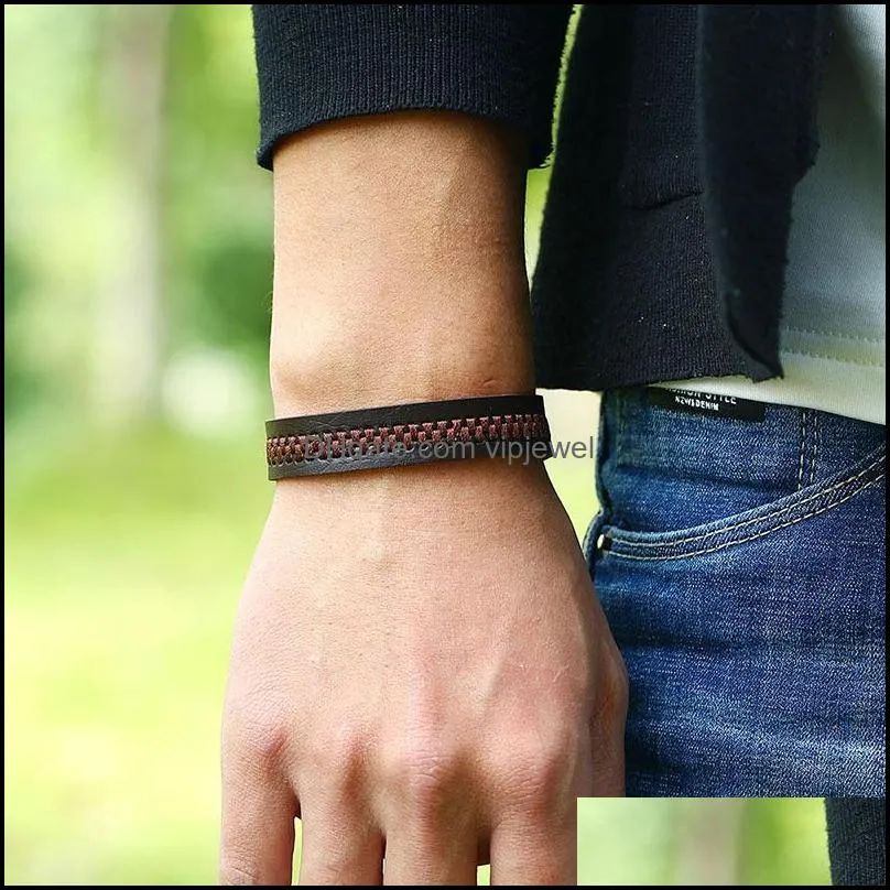 embroider leather bracelet button adjustable bracelets wristband bangle women men fashion jewelry black brown