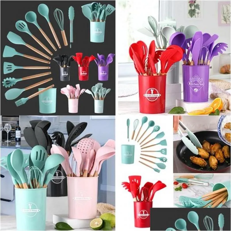 12pcs cooking utensils set kitchen tools wooden handle silicone spoon shovel storage bucket kitchenware suit multi color function 45 5bs