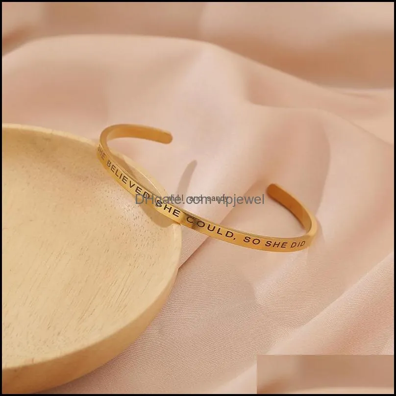 letter she believed she could bangle cuff stainless steel cshaped open bracelets wristband women fashion jewelry