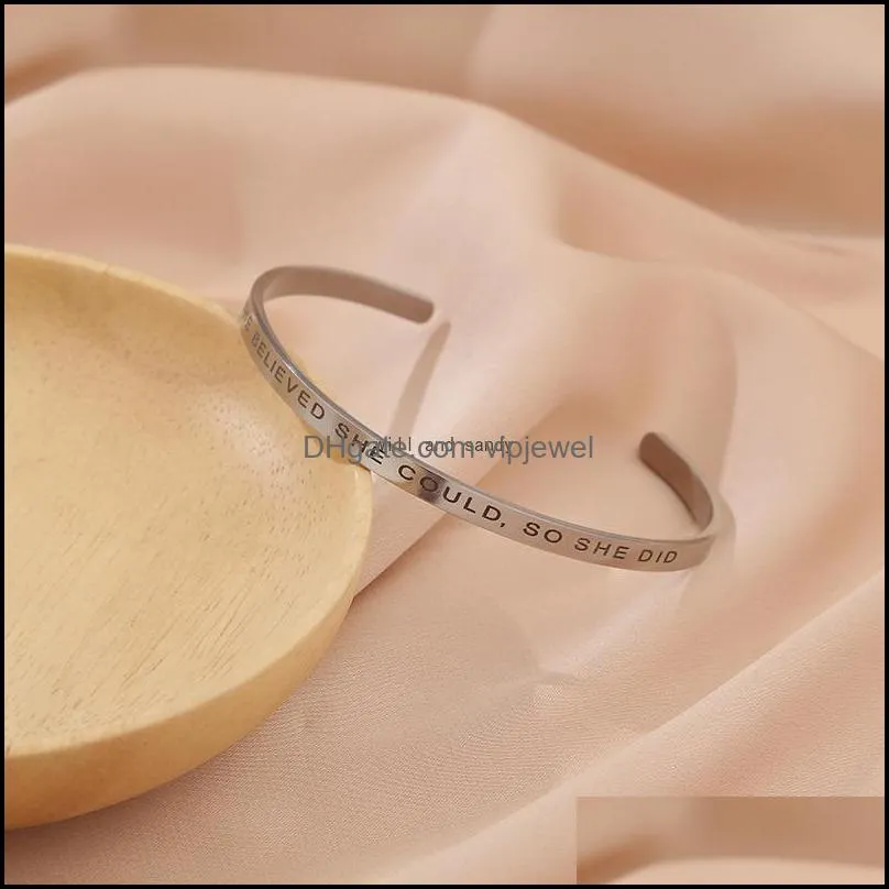 letter she believed she could bangle cuff stainless steel cshaped open bracelets wristband women fashion jewelry
