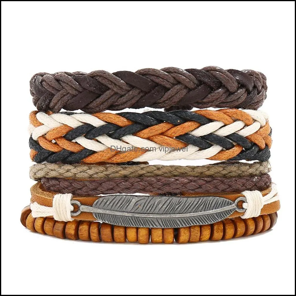 vintage braided leather bracelet multi layer wood beads charm bracelets wristband bangle cuff set women men fashion jewlery