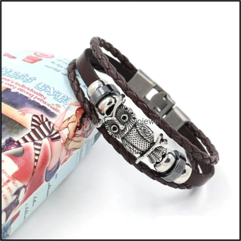 ancient silver owl charm bracelets weave multilayer wrap leather bracelets bangle cuff wristband women men fashion jewelry black brown