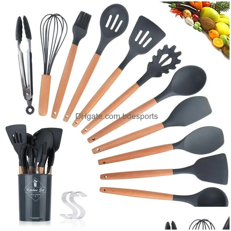 9/11/12pcs silicone cooking utensils set nonstick spatula shovel wooden handle cooking tools set with storage box kitchen tools 407