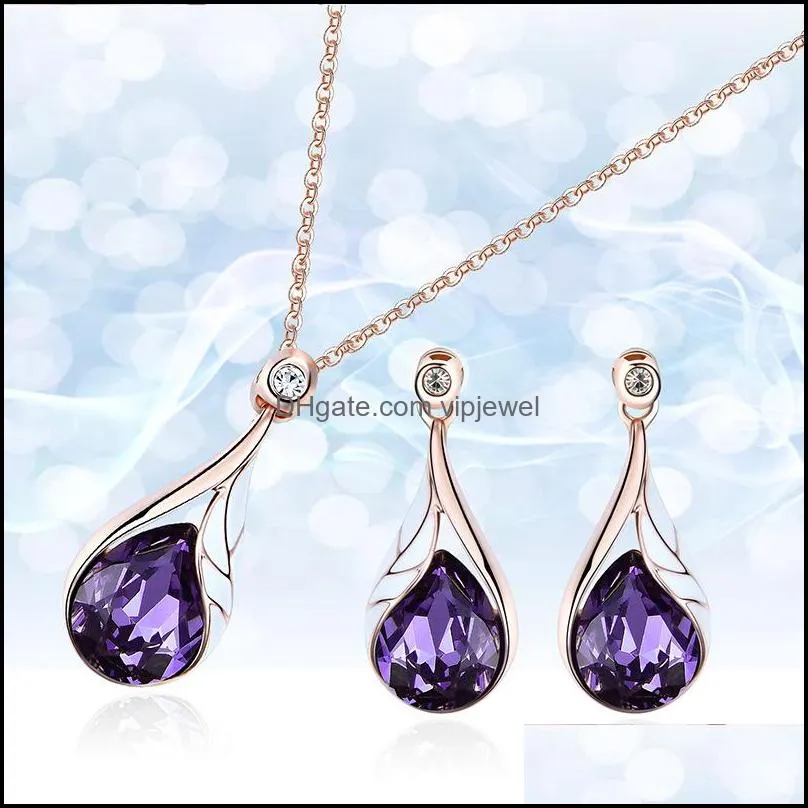 purple diamond water drop necklace earrings jewelry set for women fashion gift