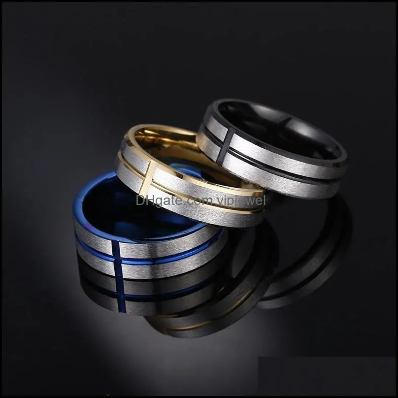 stainless steel groove cross band rings blue black gold finger ring women men fashion jewelry