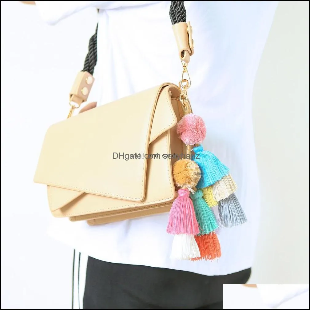 handmade multilayer colorful diy handbag tassel keychain purse accessories wall hanging key chain plush ball tassel keyring bag