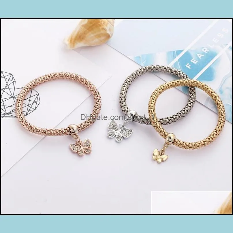 3pcs/set elastic crystal bracelet diamond heart crown tree of life skull butterfly charm bracelets bangle cuff sets jewelry