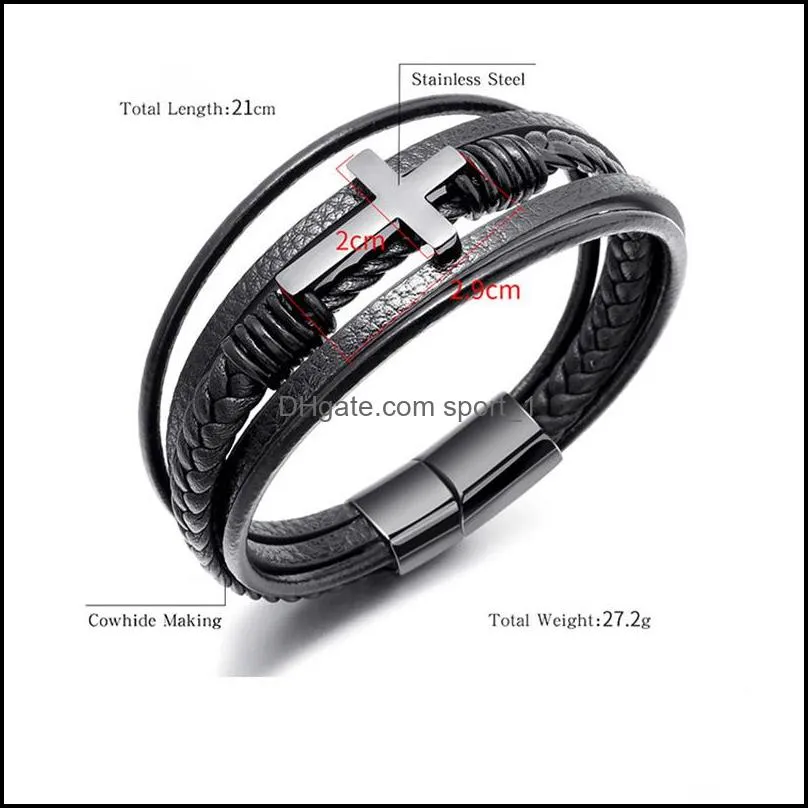 braided multilayer wrap genuine leather bracelet bangle cuff wristband gold stainless steel cross bracelets for men fashion jewelry