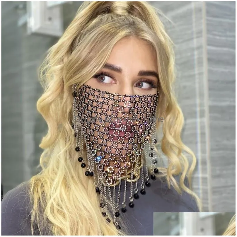 metal adjustable rope face mask weave rhinestone crystal tassels mouth cover grid women masks fashion accessories arrival 15sk g2