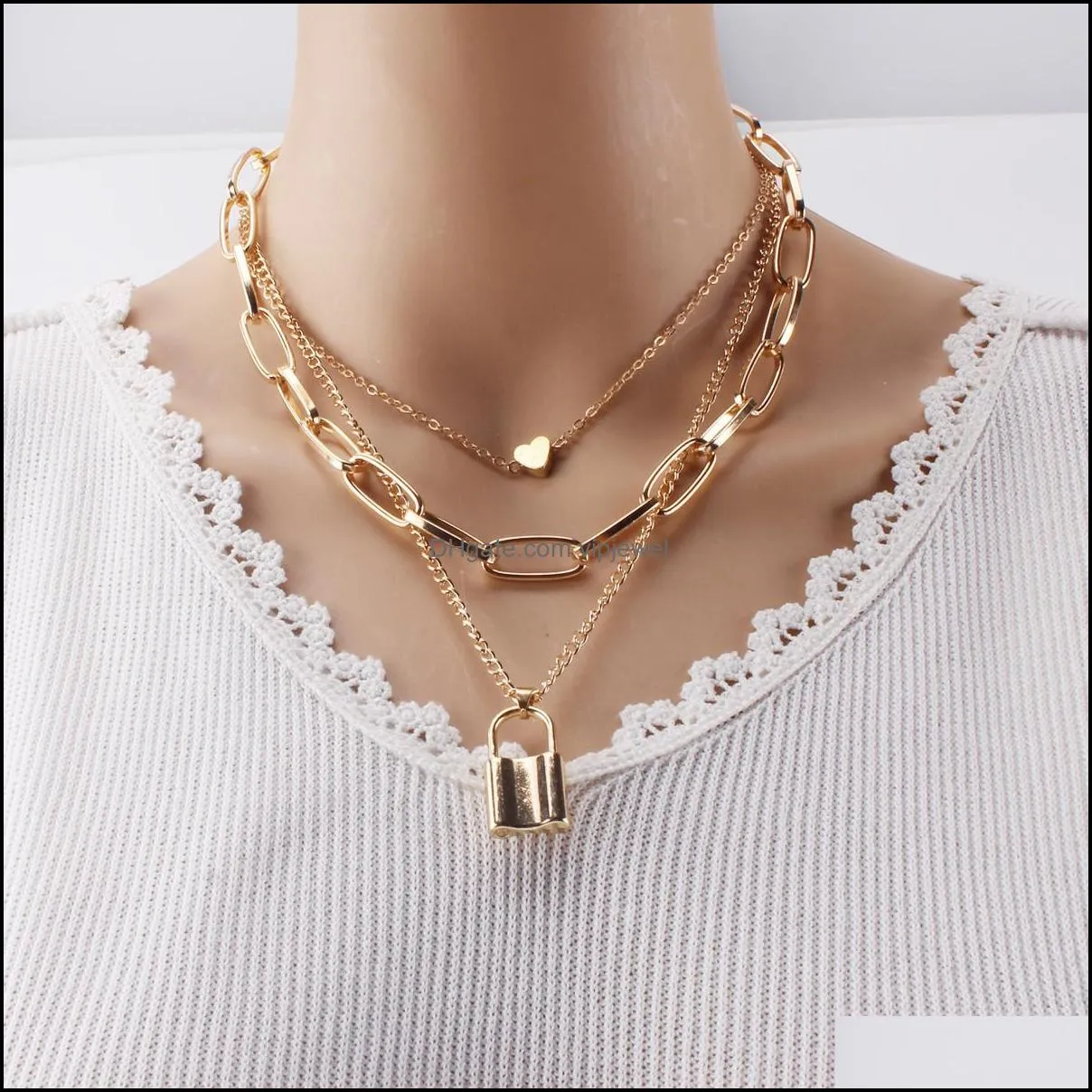 hip hop lock heart pendant necklace chokers silver gold chains multilayer wrap collar necklaces for women fashion jewelry