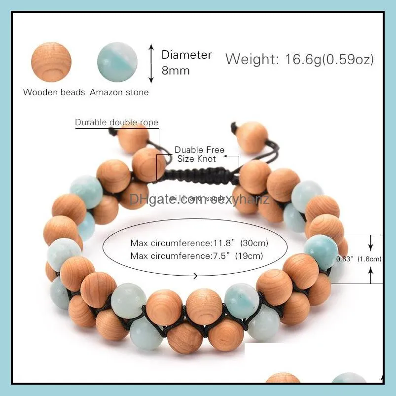 vintage amazonite wooden beads double row bracelet stone braided adjustable bracelets bangle cuff women men fashion jewelry